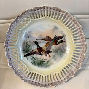 Antique German Porcelain Mallard Duck Bowl 8.25" Hand Painted Pierced Rim